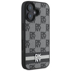 DKNY Checkered Pattern & Printed Stripes iPhone 16 dėklas - juodas