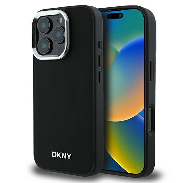 DKNY MagSafe dėklas iPhone 16 Pro – juodas, sidabrinis logotipas
