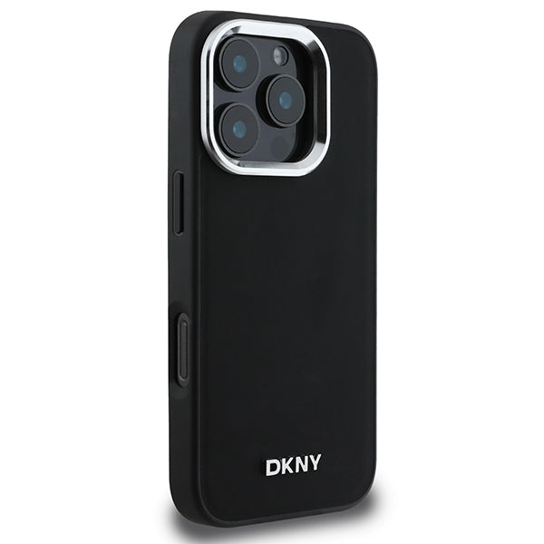 DKNY MagSafe dėklas iPhone 16 Pro – juodas, sidabrinis logotipas