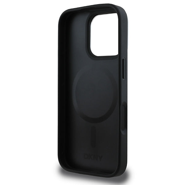 DKNY MagSafe dėklas iPhone 16 Pro – juodas, sidabrinis logotipas