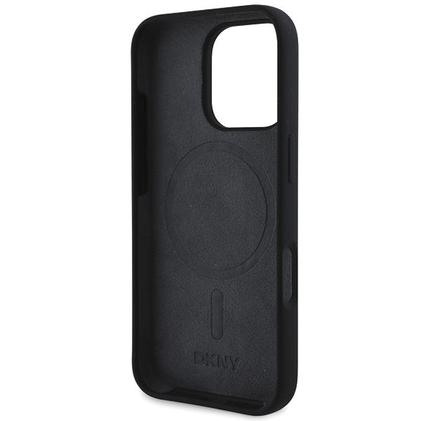 DKNY MagSafe silikoninis dėklas iPhone 16 Pro – juodas