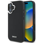 DKNY MagSafe dėklas iPhone 16 – juodas, sidabrinis logotipas