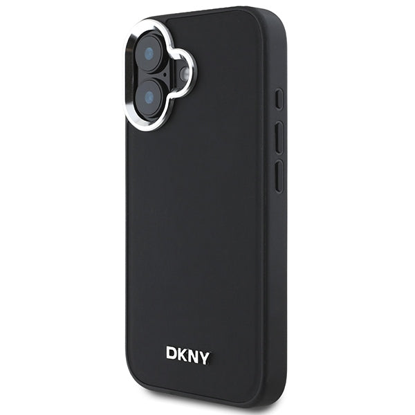 DKNY MagSafe dėklas iPhone 16 – juodas, sidabrinis logotipas