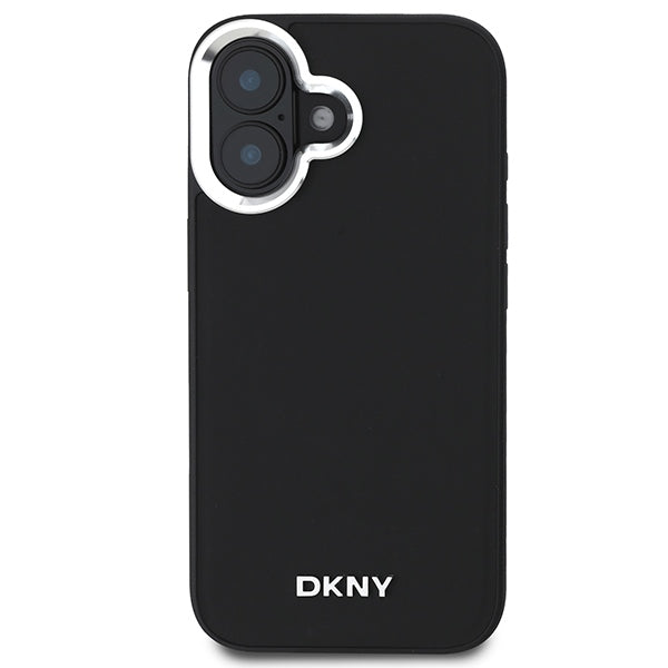 DKNY MagSafe dėklas iPhone 16 – juodas, sidabrinis logotipas