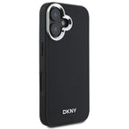 DKNY MagSafe dėklas iPhone 16 – juodas, sidabrinis logotipas