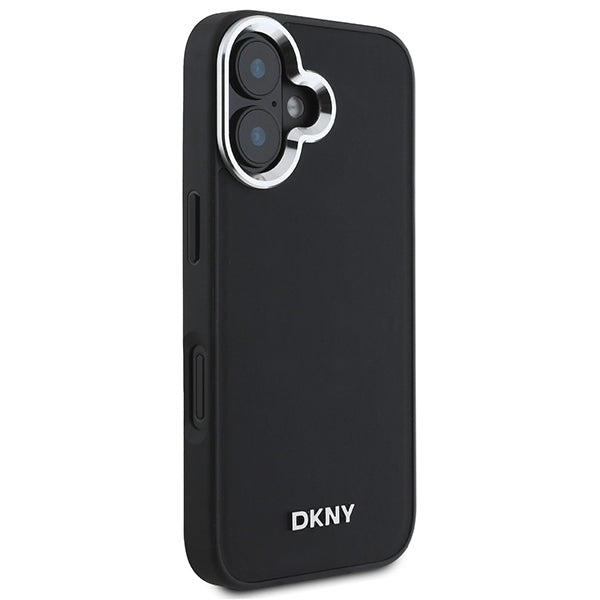 DKNY MagSafe dėklas iPhone 16 – juodas, sidabrinis logotipas