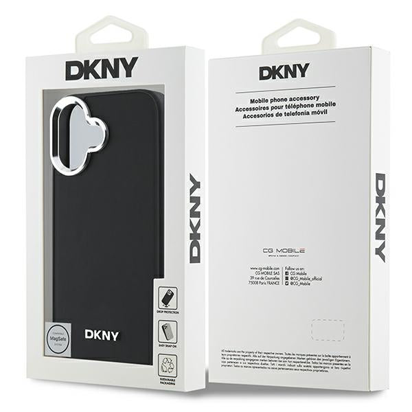 DKNY MagSafe dėklas iPhone 16 – juodas, sidabrinis logotipas