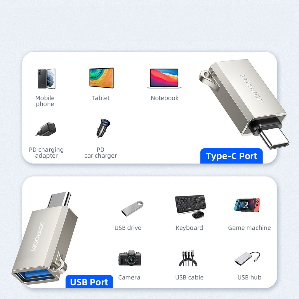 Joyroom S-H151 USB-C (vyriškas) / USB-A (moteriškas) adapteris su diržo kilpa – sidabrinis