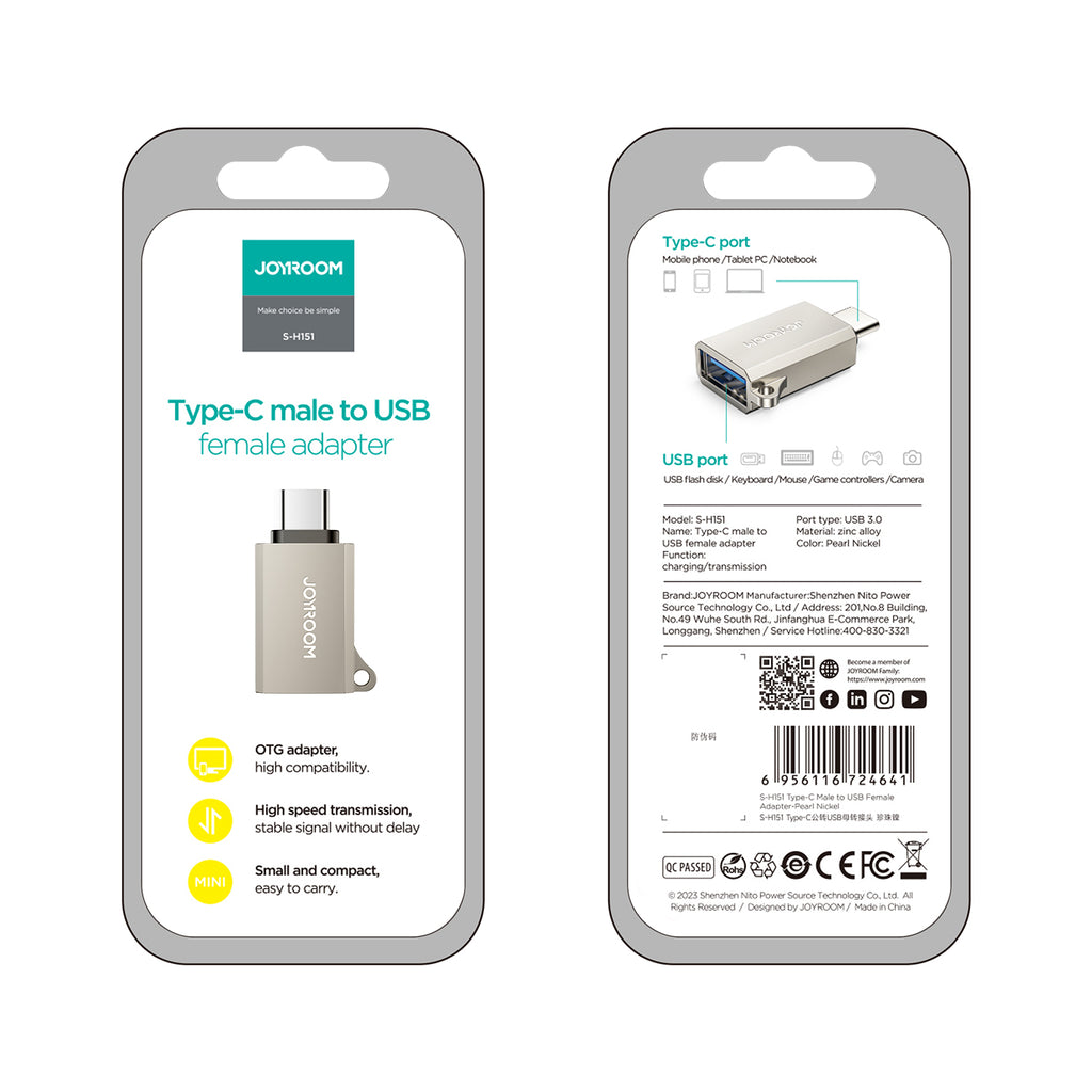 Joyroom S-H151 USB-C (vyriškas) / USB-A (moteriškas) adapteris su diržo kilpa – sidabrinis