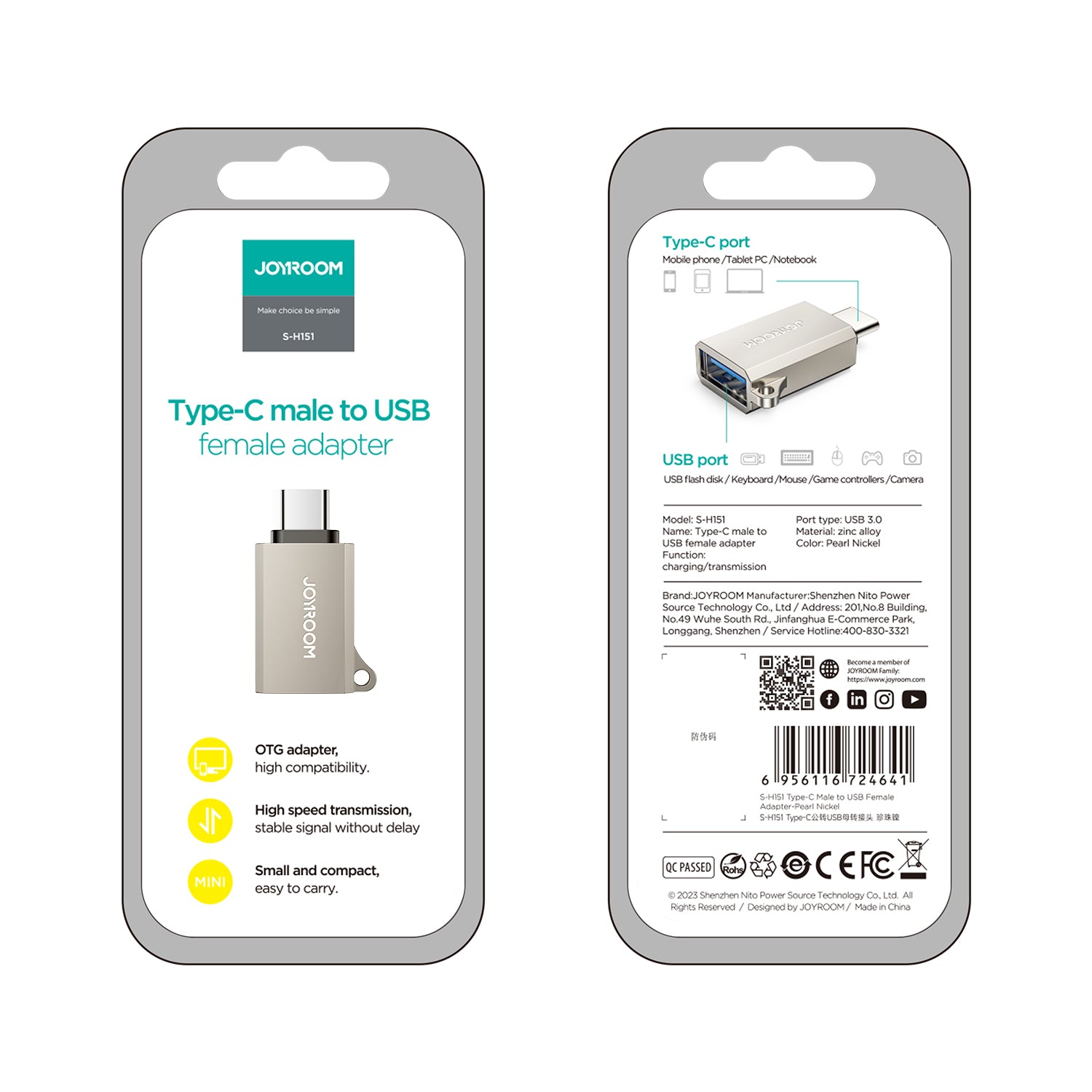 Joyroom S-H151 USB-C (vyriškas) / USB-A (moteriškas) adapteris su diržo kilpa – sidabrinis