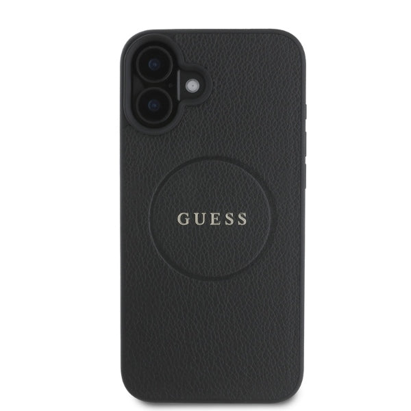 Guess Grained Ring MagSafe dėklas iPhone 16 – juodas