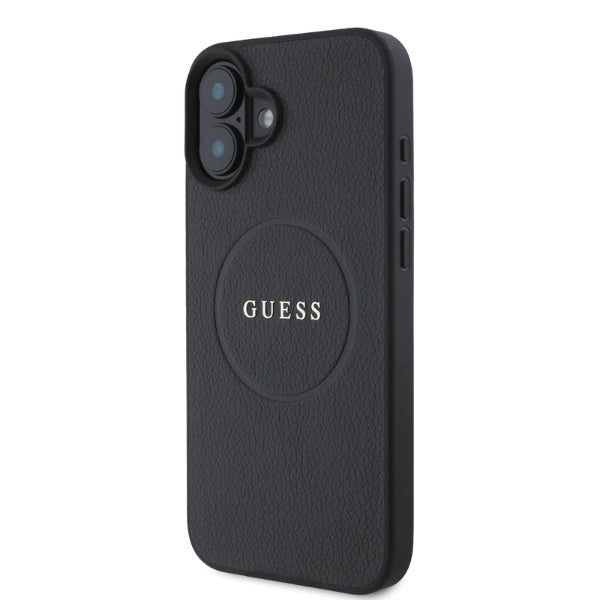 Guess Grained Ring MagSafe dėklas iPhone 16 – juodas