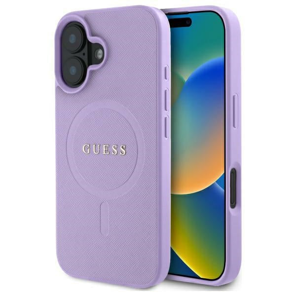 Guess Saffiano MagSafe dėklas iPhone 16 – violetinis