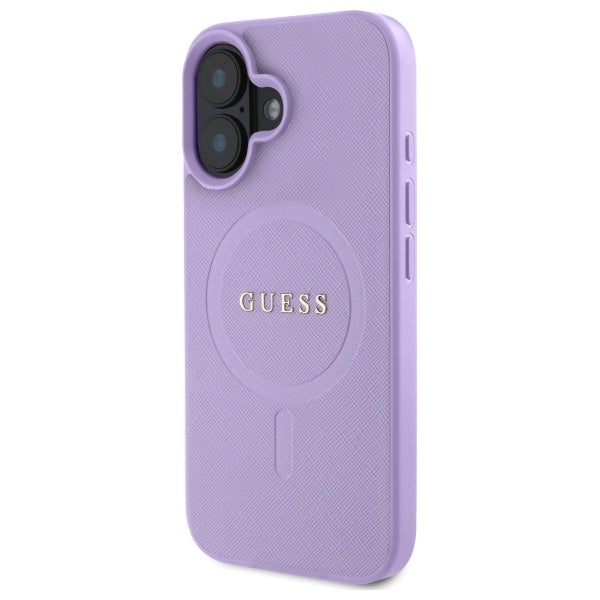 Guess Saffiano MagSafe dėklas iPhone 16 – violetinis