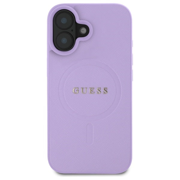 Guess Saffiano MagSafe dėklas iPhone 16 – violetinis