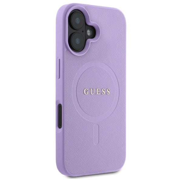 Guess Saffiano MagSafe dėklas iPhone 16 – violetinis