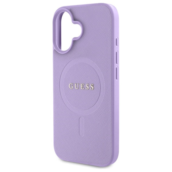 Guess Saffiano MagSafe dėklas iPhone 16 – violetinis