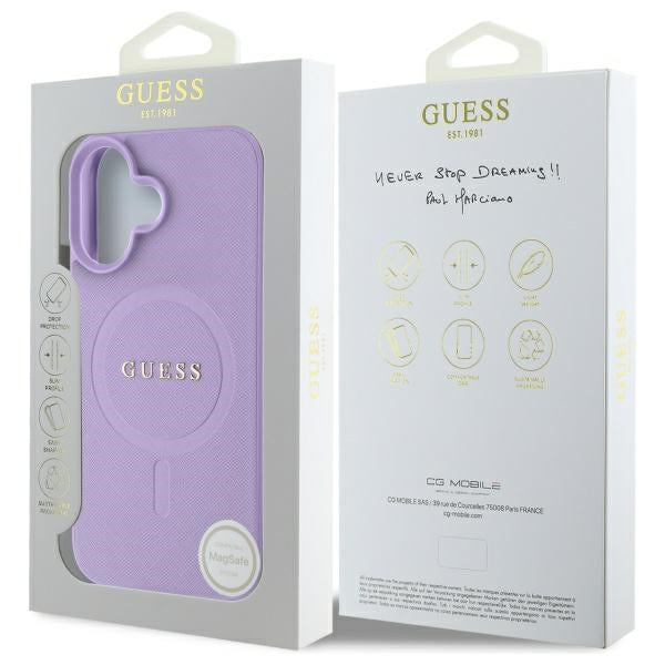 Guess Saffiano MagSafe dėklas iPhone 16 – violetinis