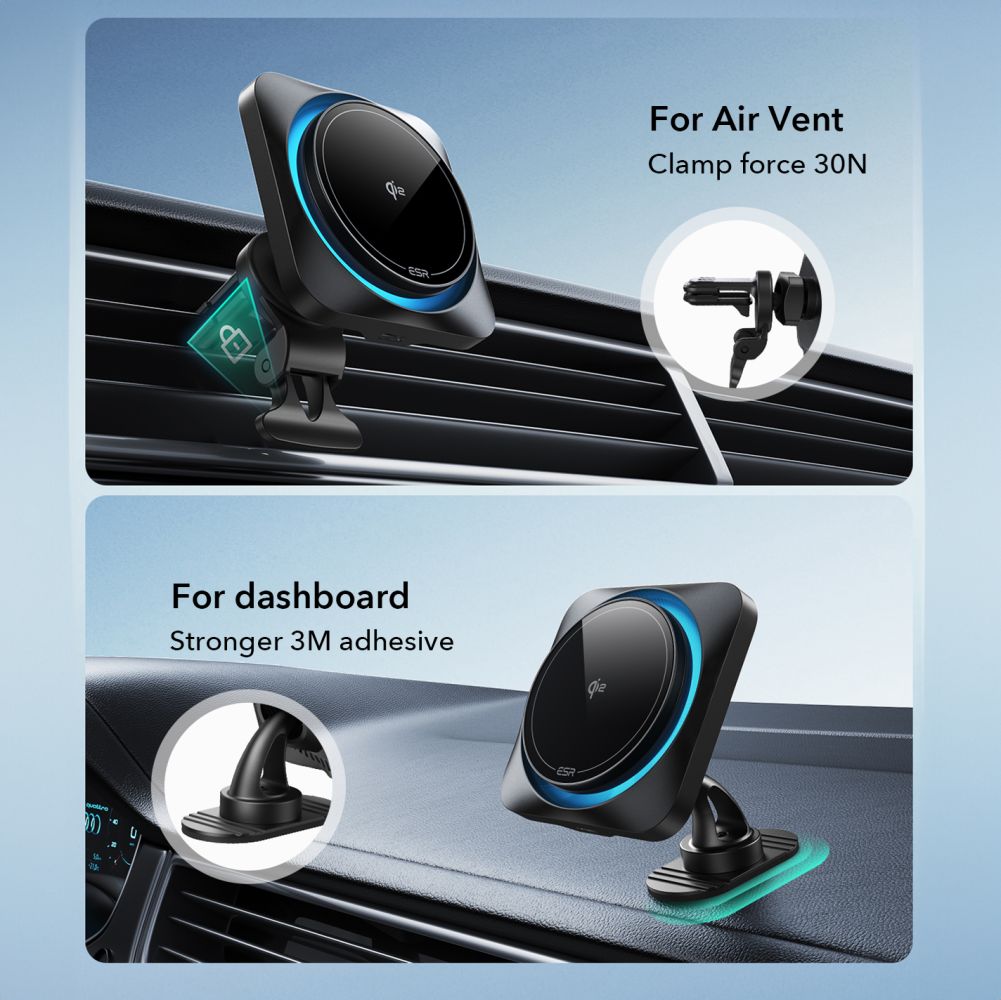 ESR Halolock CryoBoost MagSafe indukcinis įkroviklio laikiklis prietaisų skydeliui ir oro išleidimo anga su Qi 2 15W - juodas