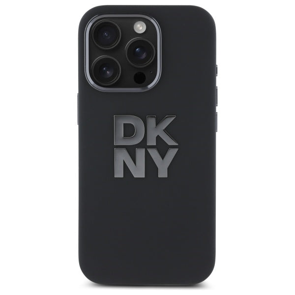 DKNY Liquid Silicone Metal Logo dėklas iPhone 16 Pro – juodas