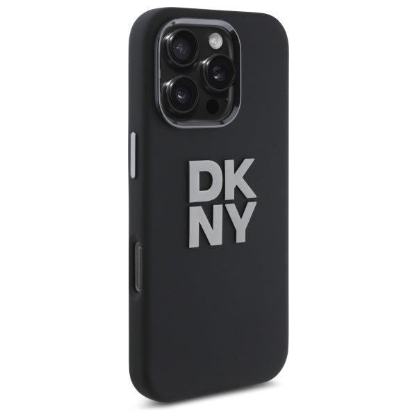 DKNY Liquid Silicone Metal Logo dėklas iPhone 16 Pro – juodas