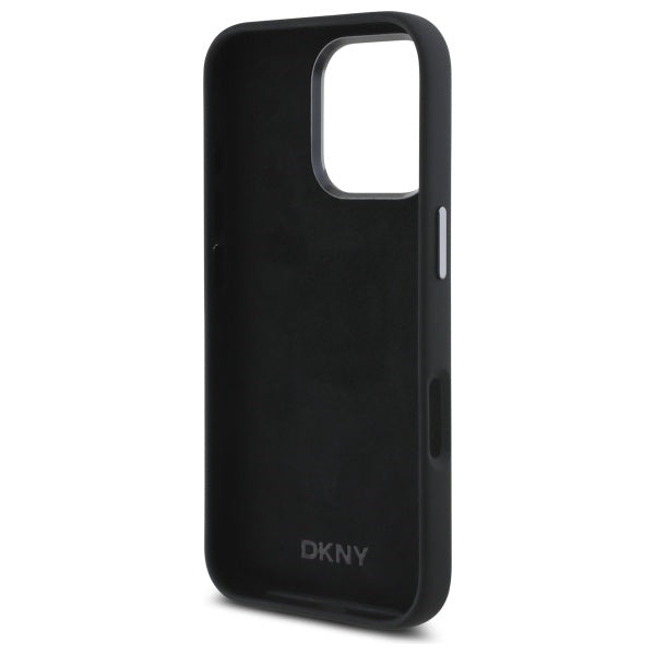 DKNY Liquid Silicone Metal Logo dėklas iPhone 16 Pro – juodas