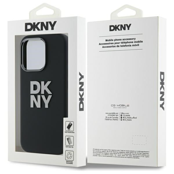 DKNY Liquid Silicone Metal Logo dėklas iPhone 16 Pro – juodas