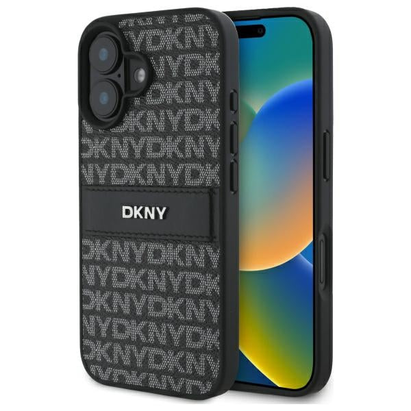 DKNY dėklas iPhone 16 – juodas, Texture Pattern Tonal Stripe
