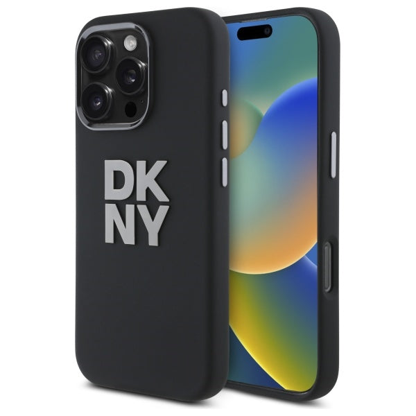 DKNY Liquid Silicone Metal Logo dėklas iPhone 16 Pro Max – juodas