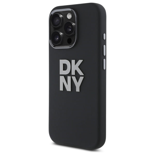 DKNY Liquid Silicone Metal Logo dėklas iPhone 16 Pro Max – juodas