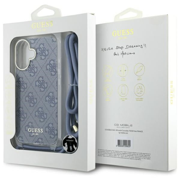 Guess dėklas su virvele iPhone 16 – mėlynas