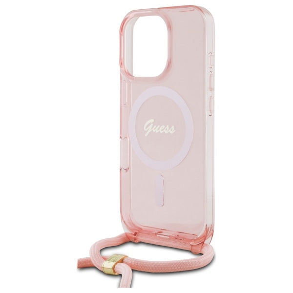 Guess MagSafe dėklas su dirželiu iPhone 16 Pro – rožinis