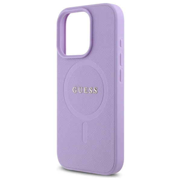 Guess Saffiano MagSafe dėklas iPhone 16 Pro – violetinis