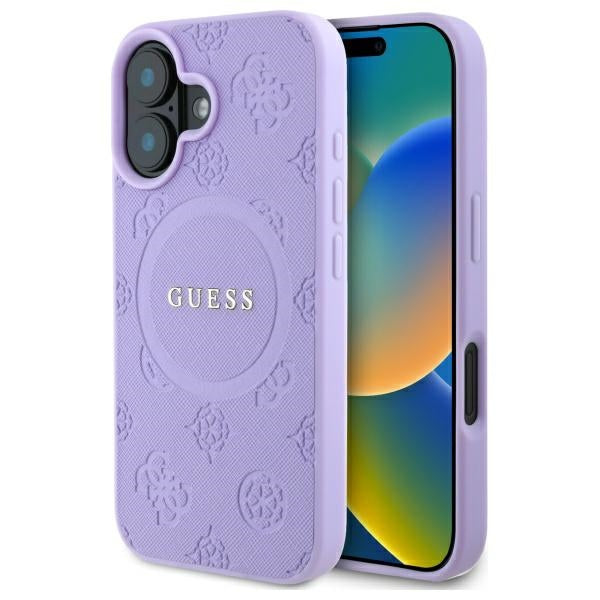 Guess Saffiano Peony MagSafe dėklas iPhone 16 Plus – violetinis -- iPhone 16 Plus