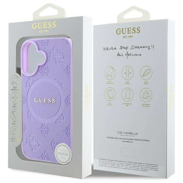 Guess Saffiano Peony MagSafe dėklas iPhone 16 Plus – violetinis -- iPhone 16 Plus