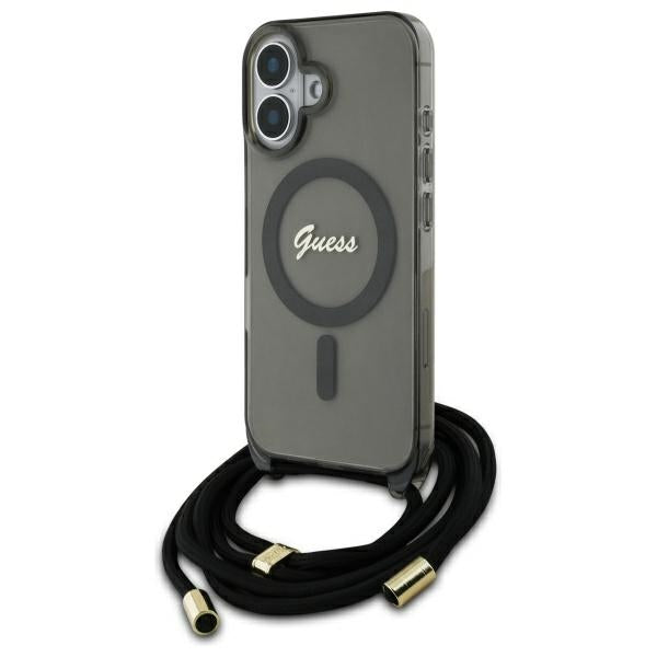 Guess MagSafe dėklas iPhone 16 su dirželiu – juodas