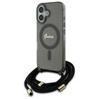 Guess MagSafe dėklas iPhone 16 su dirželiu – juodas