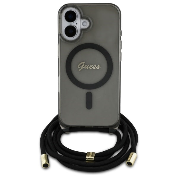 Guess MagSafe dėklas iPhone 16 su dirželiu – juodas