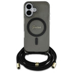 Guess MagSafe dėklas iPhone 16 su dirželiu – juodas