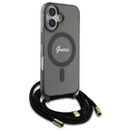 Guess MagSafe dėklas iPhone 16 su dirželiu – juodas