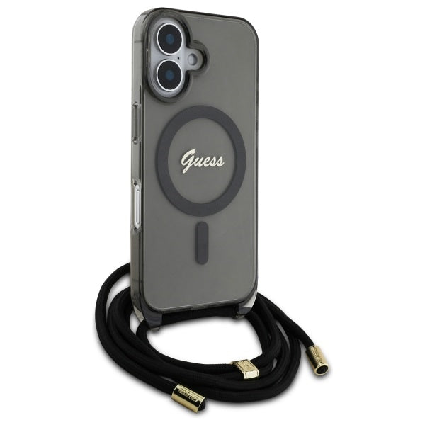 Guess MagSafe dėklas iPhone 16 su dirželiu – juodas