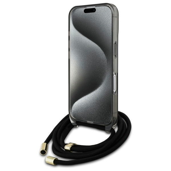 Guess MagSafe dėklas iPhone 16 su dirželiu – juodas