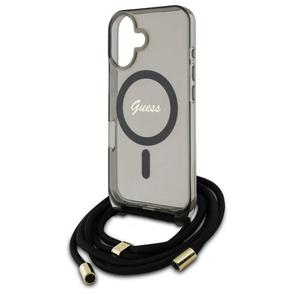Guess MagSafe dėklas iPhone 16 su dirželiu – juodas