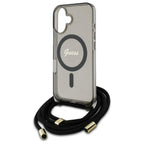 Guess MagSafe dėklas iPhone 16 su dirželiu – juodas