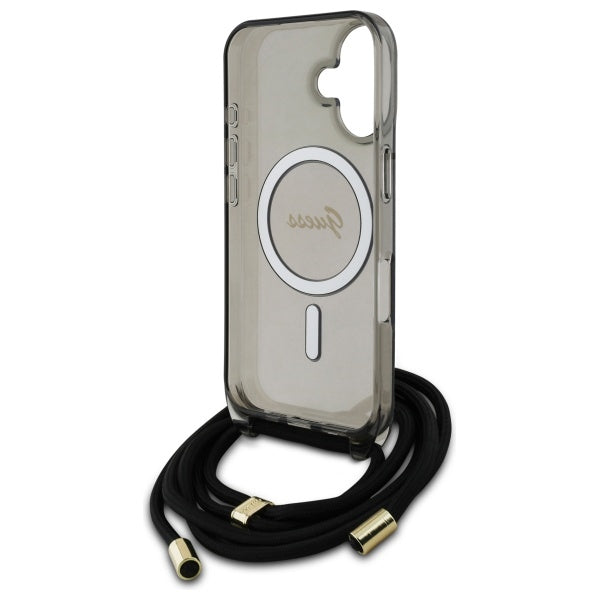 Guess MagSafe dėklas iPhone 16 su dirželiu – juodas