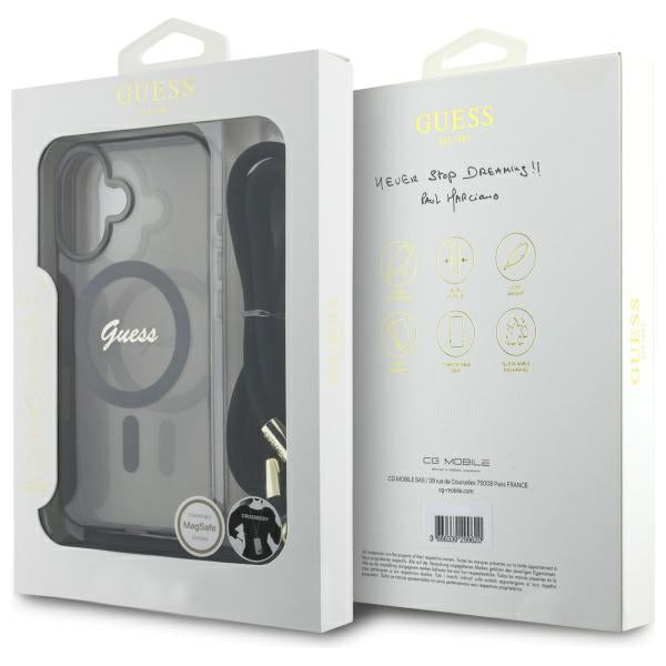 Guess MagSafe dėklas iPhone 16 su dirželiu – juodas