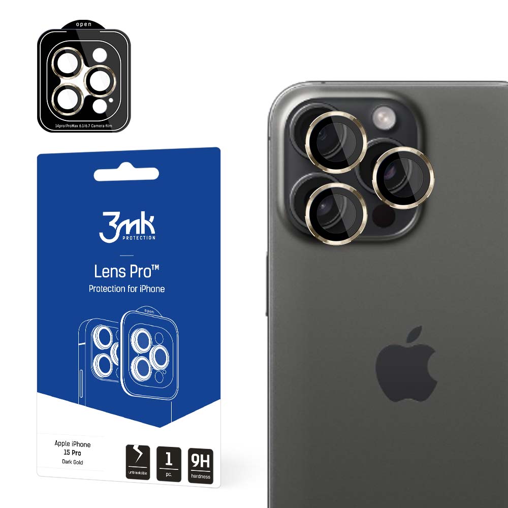3mk Lens Protection Pro fotoaparato dangtelis su auksiniu rėmeliu, skirtas iPhone 15 Pro