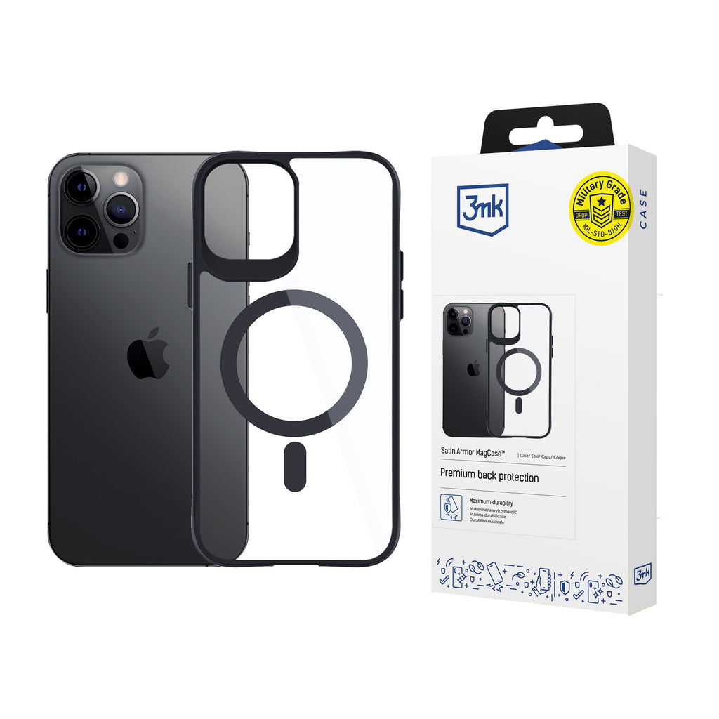 3mk Satin Armor MagCase su MagSafe skirtas iPhone 12 Pro Max - skaidrus su juodu rėmu -- iPhone 12 Pro Max