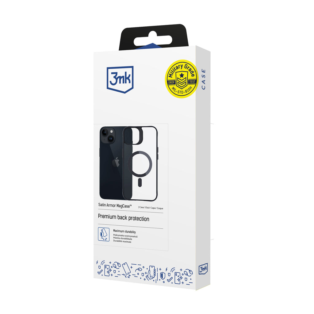 3mk Satin Armor MagCase su MagSafe, skirtas iPhone 13/14 – skaidrus su juodu rėmeliu
