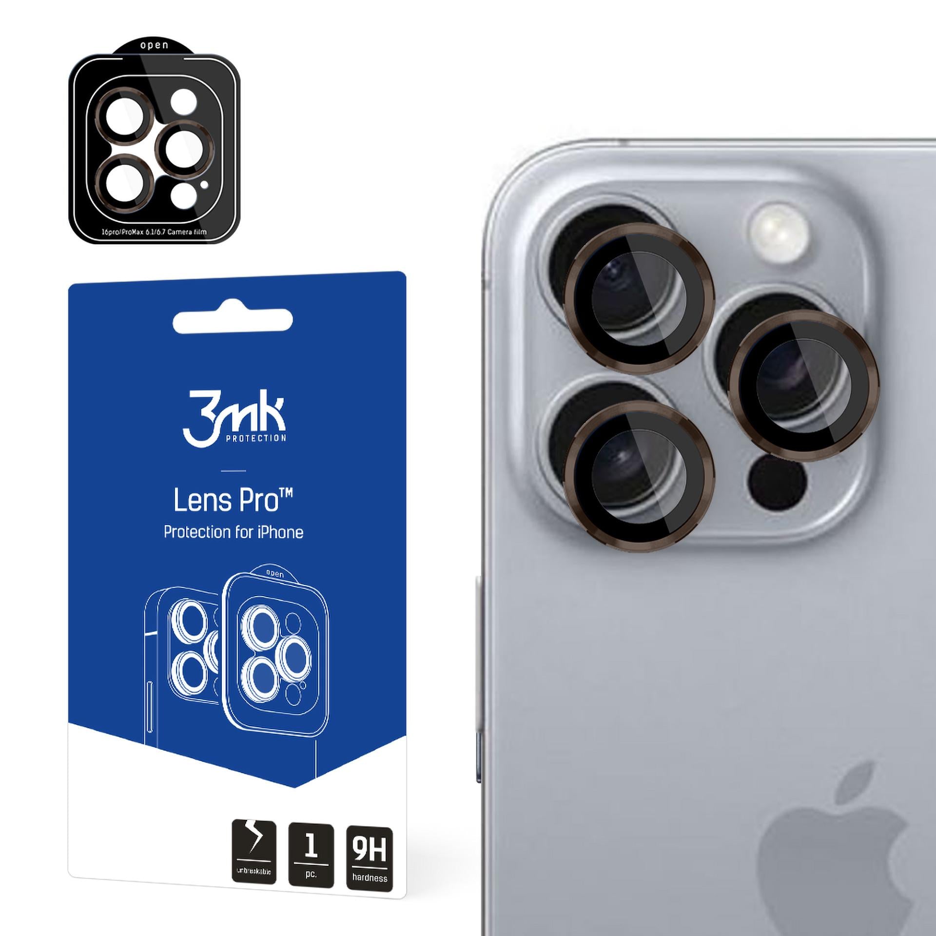 3mk Lens Protection Pro fotoaparato dangtelis su rudu rėmeliu, skirtas iPhone 16 Pro / 16 Pro Max -- iPhone 16 Pro